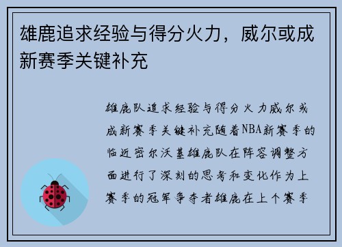 雄鹿追求经验与得分火力，威尔或成新赛季关键补充