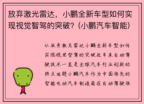 放弃激光雷达，小鹏全新车型如何实现视觉智驾的突破？(小鹏汽车智能)